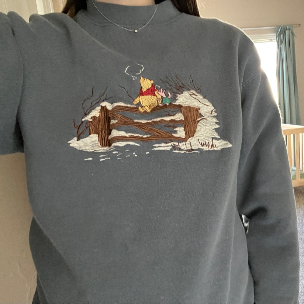 Vintage Disney Winnie the Pooh Embroidered Blue Christmas Sweater Size S